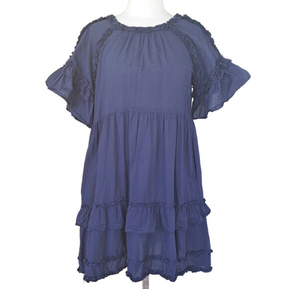 LA PLAGE Ella Navy Blue Mini Dress Medium Tiered Ruffle Beachy Boho Coastal Prep - Picture 1 of 8